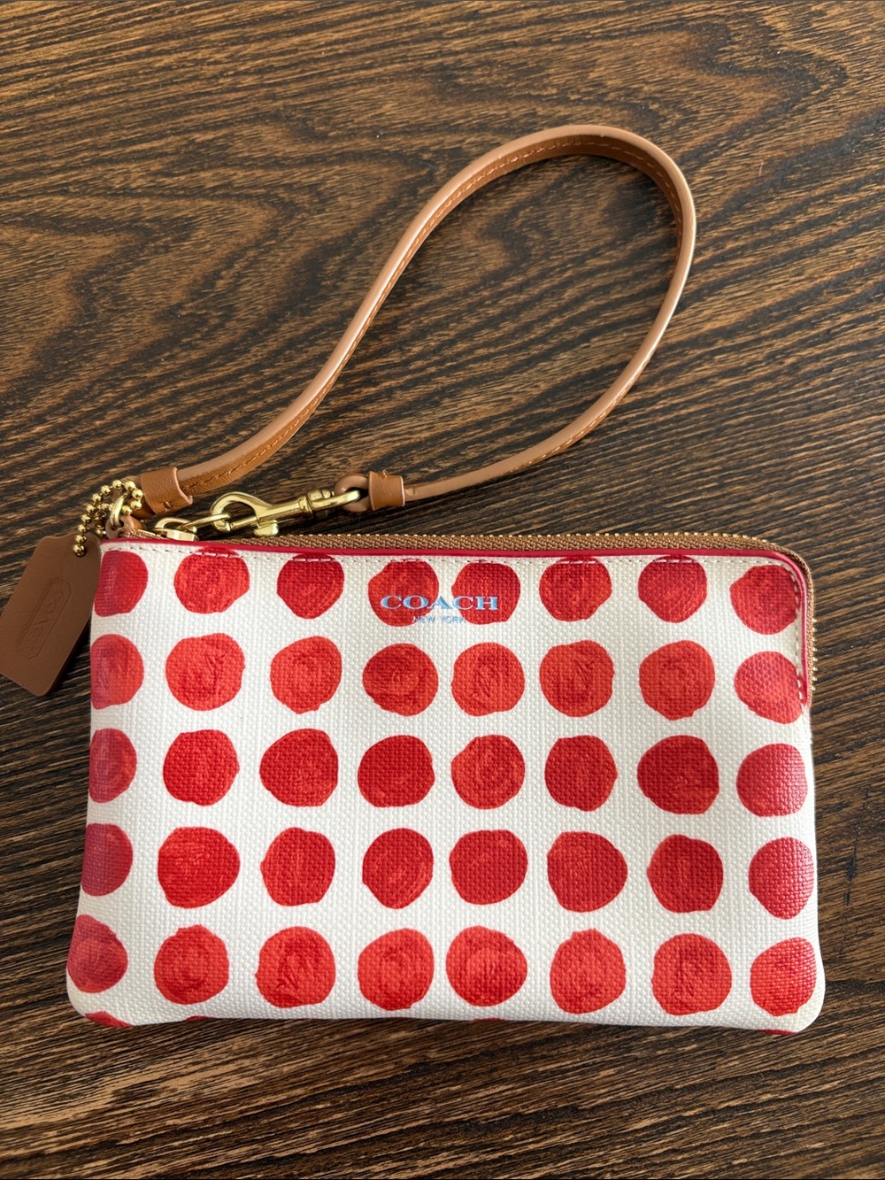 Coach Bleecker Red and White Polka Dot Wristlet w/ Brown Trim Gold Hardware - Picture 3 of 9
